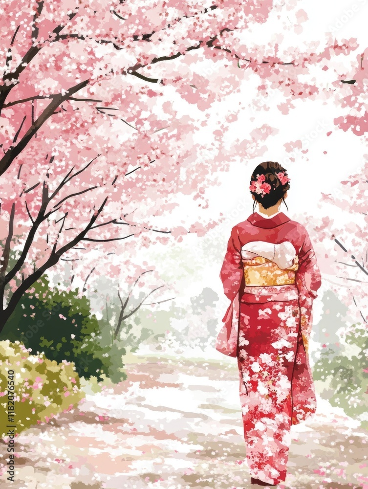 Elegant young woman in vibrant red Japanese kimono admiring pink cherry blossoms in serene garden during springtime in Japan, soft focus background. Elegant young woman in vibrant red Japanese kimono admiring pink cherry blossoms in serene garden during springtime in Japan, soft focus background.