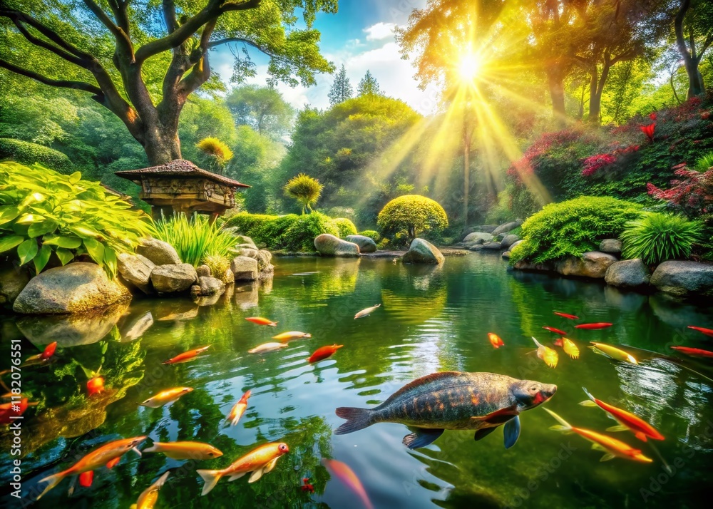 Fototapeta premium Serene Koi Pond and Tortoise in Park - Peaceful Nature Scene