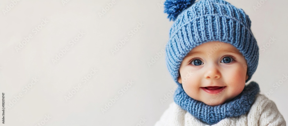 Cute baby wearing a blue knitted winter cap with pom-pom smiling joyfully against a bright white background, perfect for holiday family celebrations and Christmas themes.