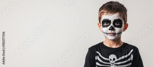 Young boy dressed in skeleton Halloween costume with detailed face paint against clean white background capturing festive spirit and playful innocence.