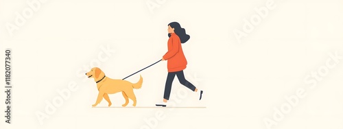 A woman is walking her dog, a simple flat vector illustration with a white background