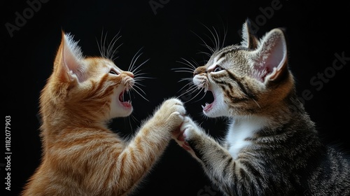 Two tabby cats are playfully interacting on a black background.