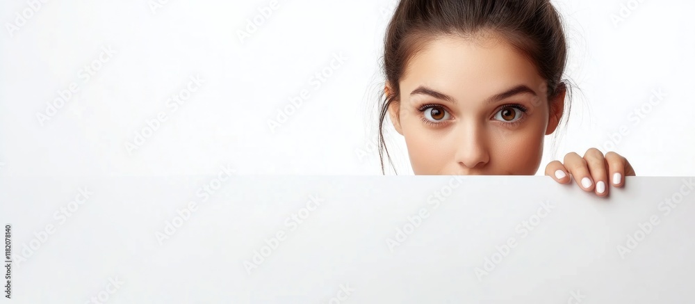 young beautiful woman with long dark hair and natural makeup peeking over blank white sign isolated on light background in studio setting young beautiful woman with long dark hair and natural makeup peeking over blank white sign isolated on light background in studio setting