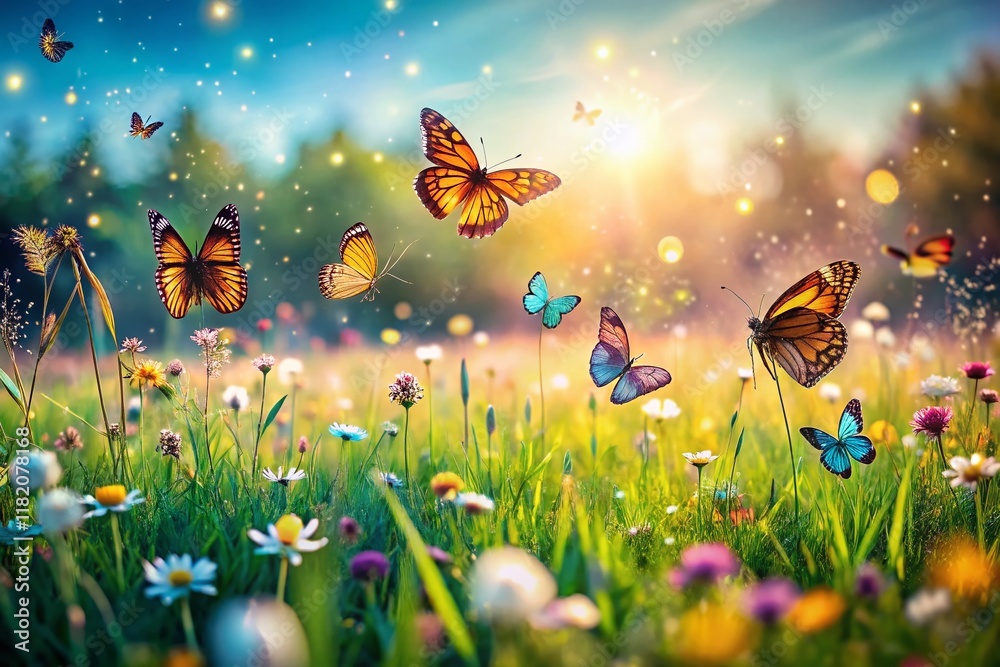 Serene Meadow Landscape with Delicate Butterfly Background Serene Meadow Landscape with Delicate Butterfly Background