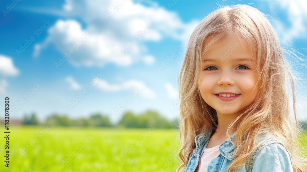 Happy young girl enjoying summer leisure in lush green field under blue sky with fluffy clouds, showcasing childhood joy and innocence. Happy young girl enjoying summer leisure in lush green field under blue sky with fluffy clouds, showcasing childhood joy and innocence.