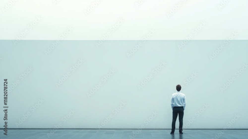 Contemplative businessman in formal attire standing alone against a minimalist white wall in an empty modern space with soft natural light. Contemplative businessman in formal attire standing alone against a minimalist white wall in an empty modern space with soft natural light.