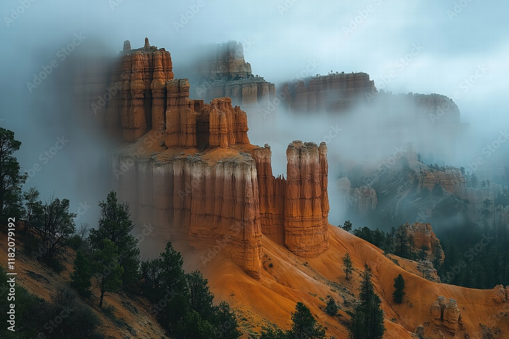 Fototapeta premium Fog envelops the striking rock formations in a national park during early morning hours