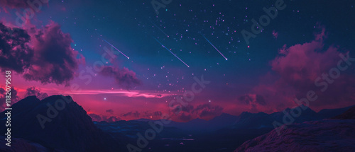 Spectacular meteor shower streaking across the night sky above tranquil mountains photo