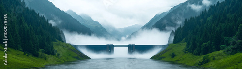 A scenic landscape with mountains, water, and mist creating a tranquil atmosphere. photo