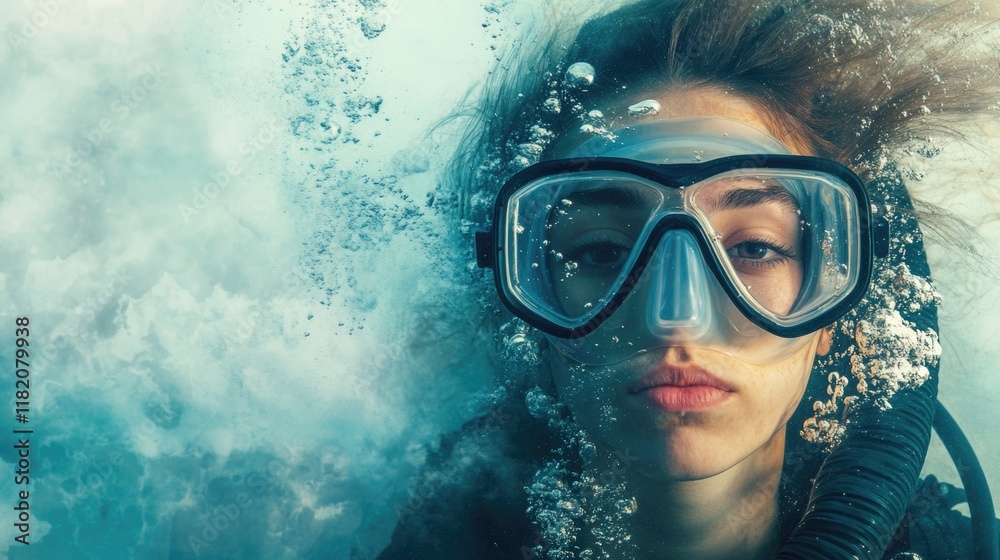 Naklejka premium Young Woman Scuba Diving in clear blue water with bubbles around her face featuring empty space for text in bright aquatic colors