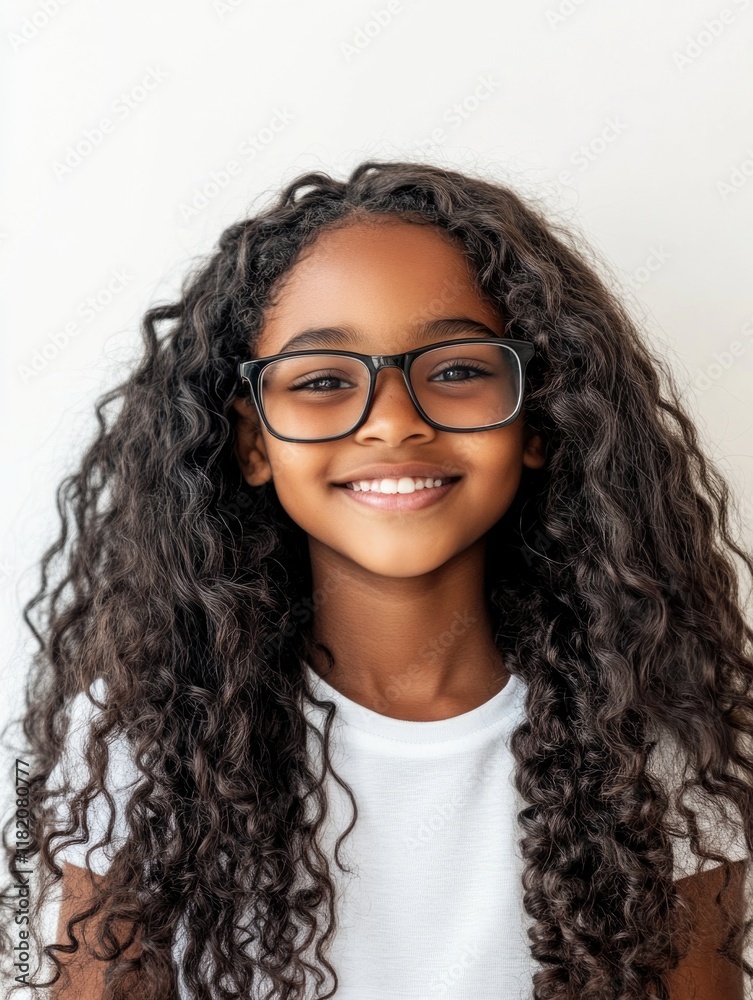 Cheerful young African girl with long curly hair wearing stylish glasses, smiling against a bright white background in natural lighting Cheerful young African girl with long curly hair wearing stylish glasses, smiling against a bright white background in natural lighting