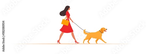 A woman is walking her dog, a simple flat vector illustration with a white background