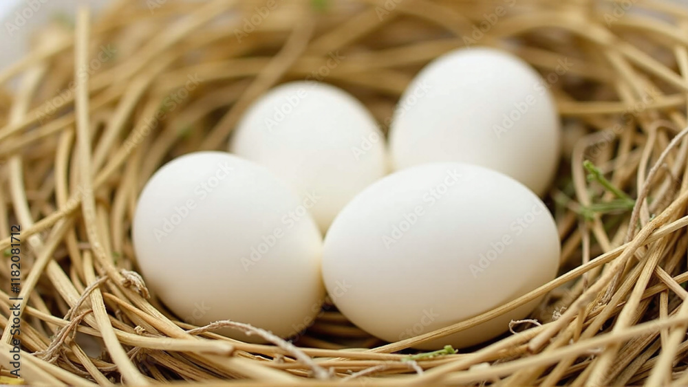 Fresh White Eggs in a Nest: A Close-up of Farm Life Fresh White Eggs in a Nest: A Close-up of Farm Life