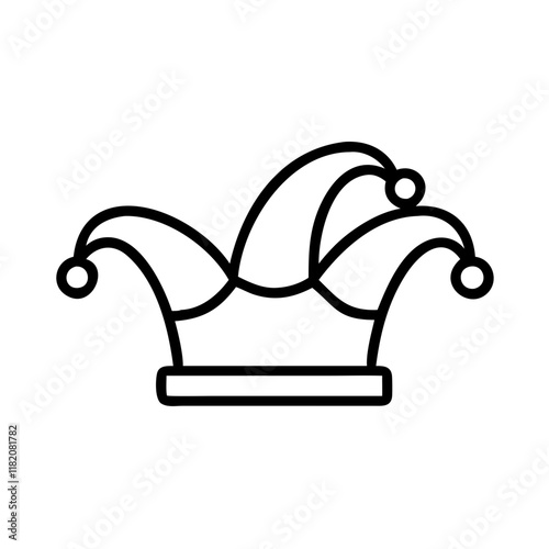 Minimalist line illustration of a jester hat with playful peaks, representing fun and festivity