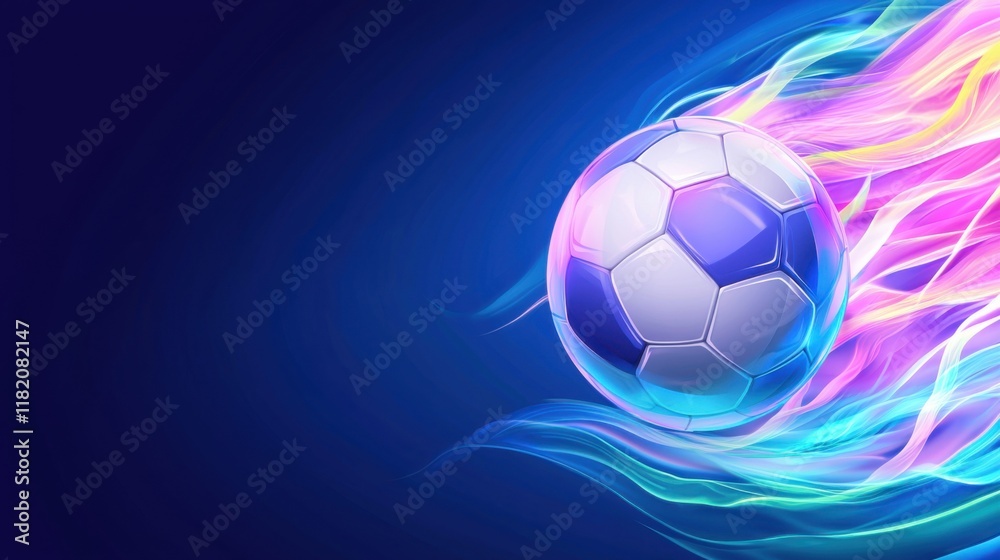 Obraz premium Dynamic soccer ball in motion with vibrant trails, representing speed and excitement in sports.