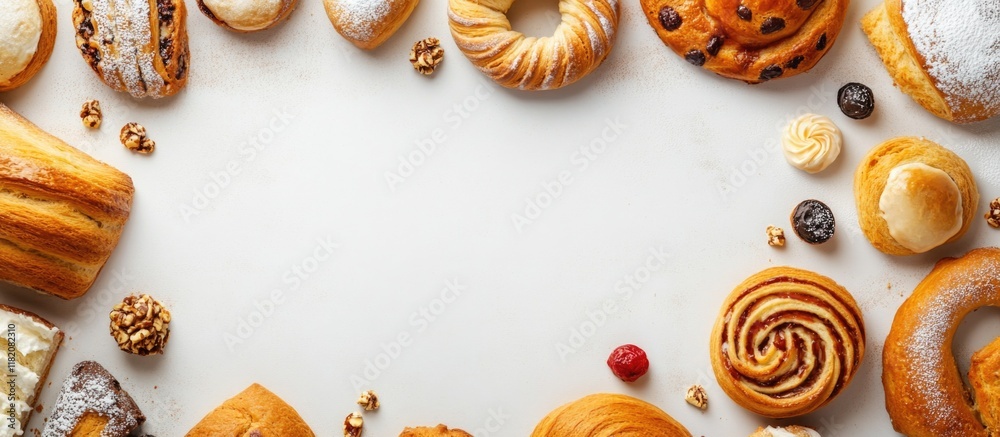 Gourmet Pastry Display with Freshly Baked Breads and Desserts on Beige Background in Artisan Bakehouse Setting Gourmet Pastry Display with Freshly Baked Breads and Desserts on Beige Background in Artisan Bakehouse Setting