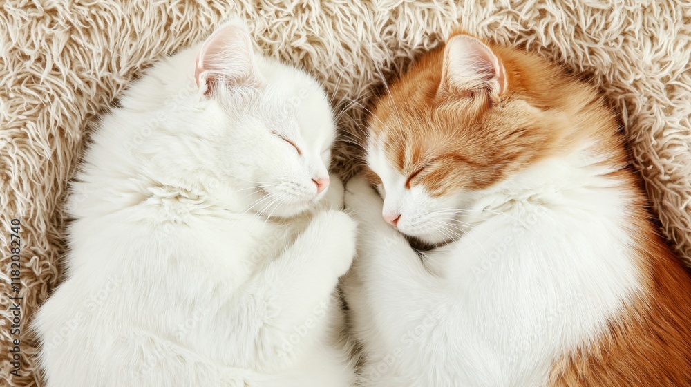 Obraz premium Two adorable cats cuddling peacefully, showcasing their soft fur and tranquility in a cozy setting.