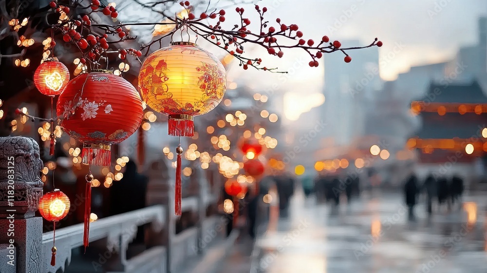 Brightly Lit Lanterns Glowing Under Dark Sky in Serene Evening Landscape