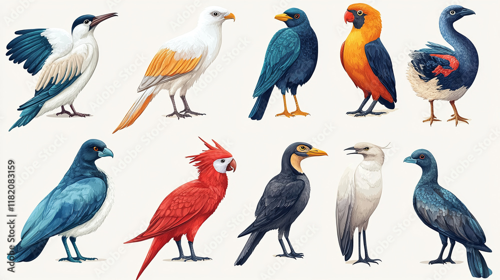 Naklejka premium Set of different kind of birds isolated on white background. Set of birds, isolated on white background