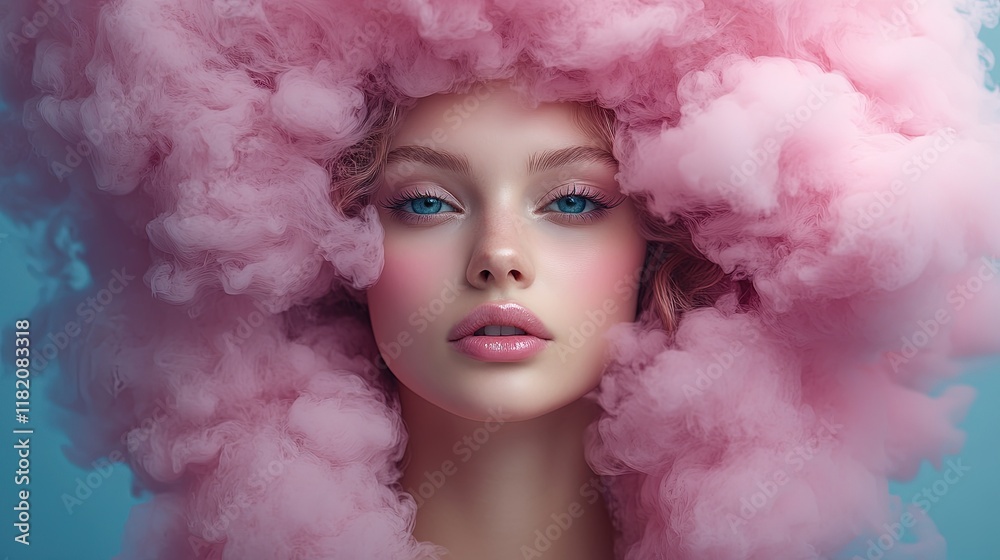 A portrait of a model with pink cloud-like hair, emphasizing beauty and creative styling. A portrait of a model with pink cloud-like hair, emphasizing beauty and creative styling.