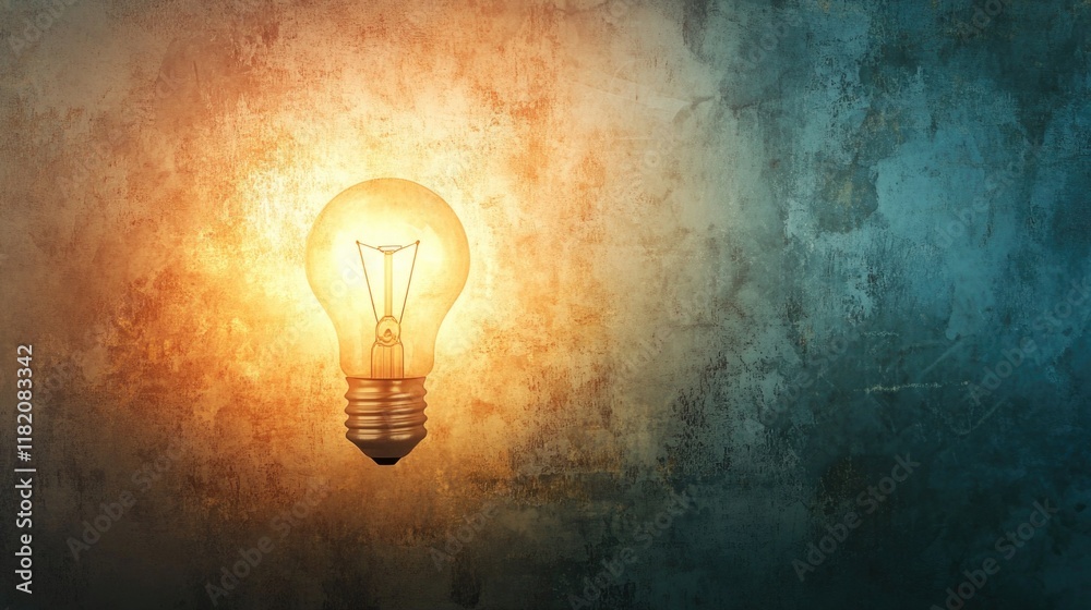 Creative Light Bulb Symbolizing Innovation and Inspiration Illuminating Gritty Textured Background in Warm Orange and Cool Turquoise Tones Creative Light Bulb Symbolizing Innovation and Inspiration Illuminating Gritty Textured Background in Warm Orange and Cool Turquoise Tones