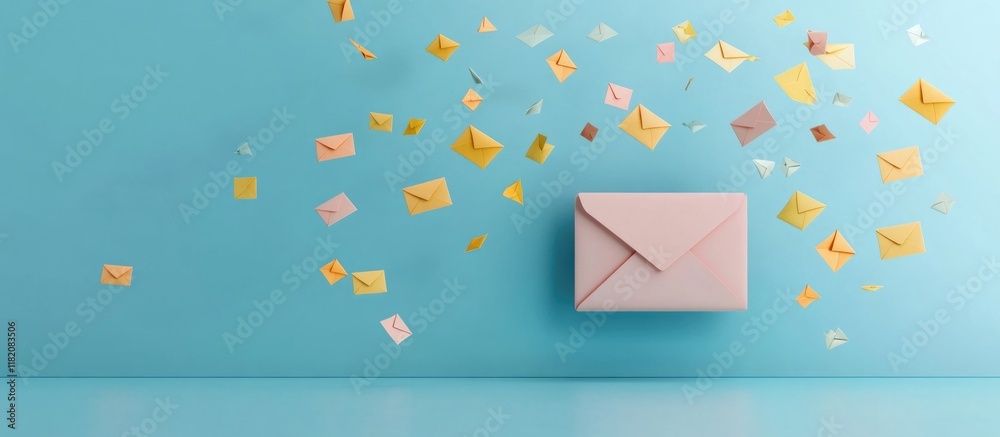 Creative Email Marketing Concept with Pink Envelope Against Aqua Background Surrounded by Colorful Floating Email Icons and Symbols