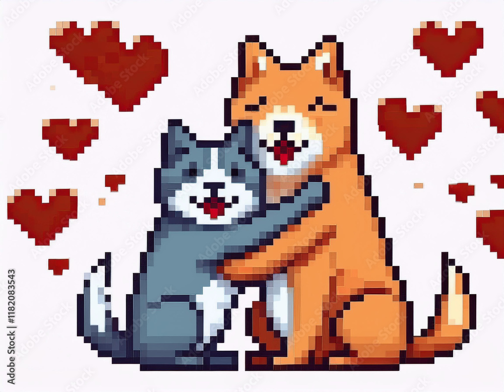 Fototapeta premium Pixel art dog and cat together in love