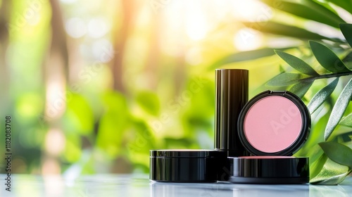 A collection of cosmetics displayed on a table surrounded by greenery.