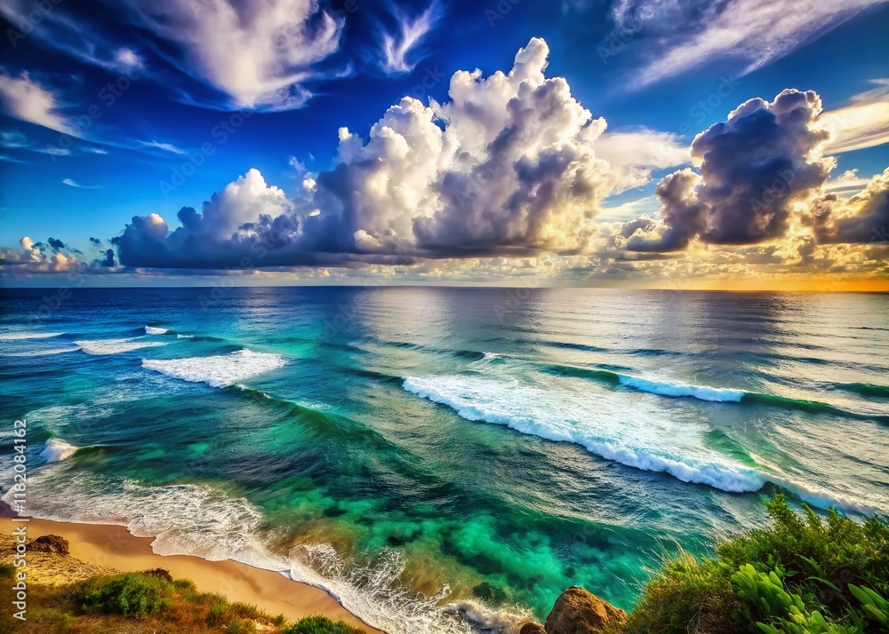 Serene Seascape: White Clouds Over Calm Ocean - Stunning Coastal View Serene Seascape: White Clouds Over Calm Ocean - Stunning Coastal View