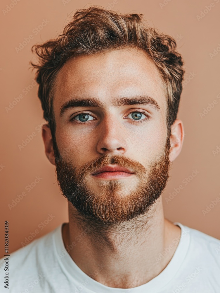 Obraz premium Young adult man with attractive features and beard, posing against a warm orange background in casual white t-shirt, showcasing soft facial expressions.