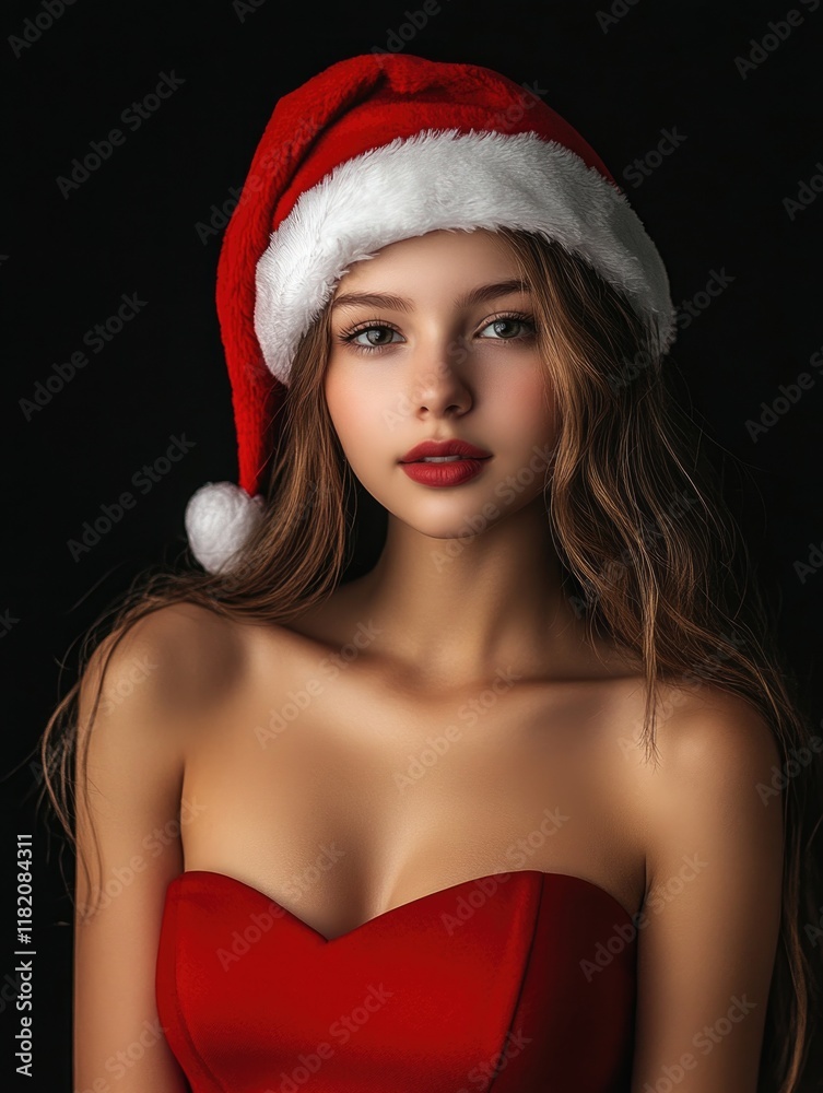 Young woman wearing a red strapless Santa dress and festive Santa hat on dark black background showcasing holiday cheer and beauty.