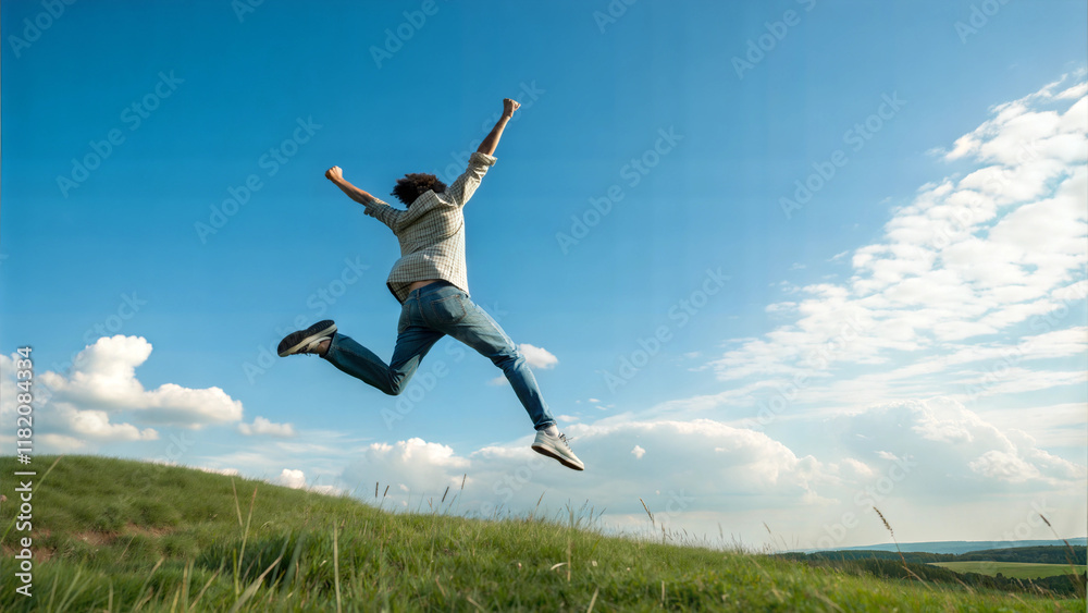 happy man, joyful leap, vibrant sky, natural landscape, sense of freedom happy man, joyful leap, vibrant sky, natural landscape, sense of freedom