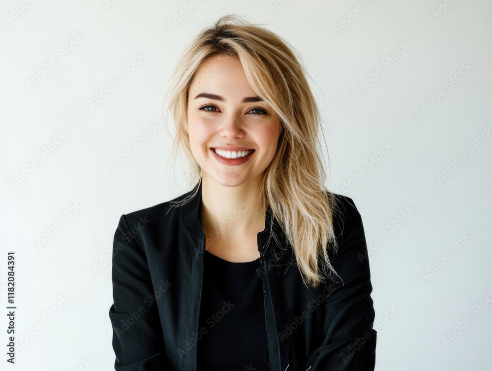 Smiling blonde woman in black jacket exuding professionalism against a white background, ideal for business and customer service concepts Smiling blonde woman in black jacket exuding professionalism against a white background, ideal for business and customer service concepts