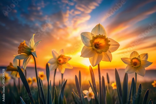 Serene Silhouette of Daffodils Blooming in a Minimalist Field at Dawn