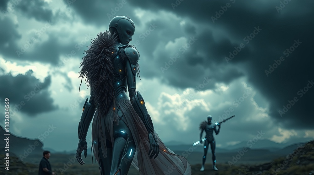 Female cyborg with flowing cape stands in a desolate landscape under a stormy sky, accompanied by another cyborg. Female cyborg with flowing cape stands in a desolate landscape under a stormy sky, accompanied by another cyborg.