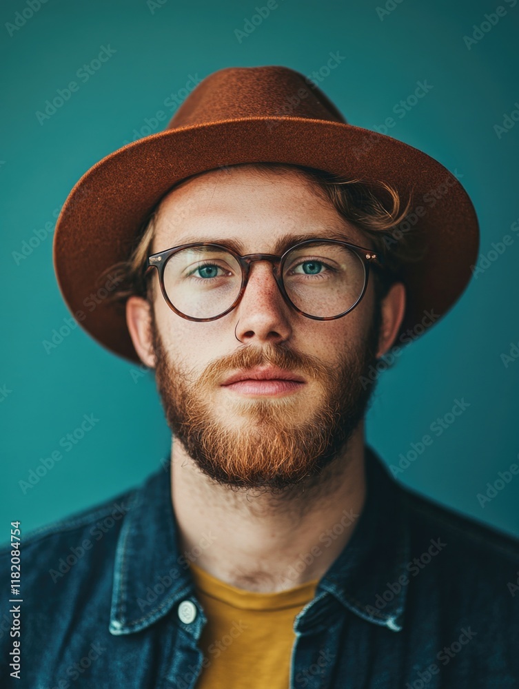 Young adult man with curly hair and beard wearing glasses and brown hat against a teal background, showcasing a hipster style and confidence. Young adult man with curly hair and beard wearing glasses and brown hat against a teal background, showcasing a hipster style and confidence.