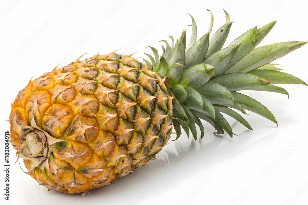 Whole Ripe Pineapple with Green Leaves on White Background Whole Ripe Pineapple with Green Leaves on White Background