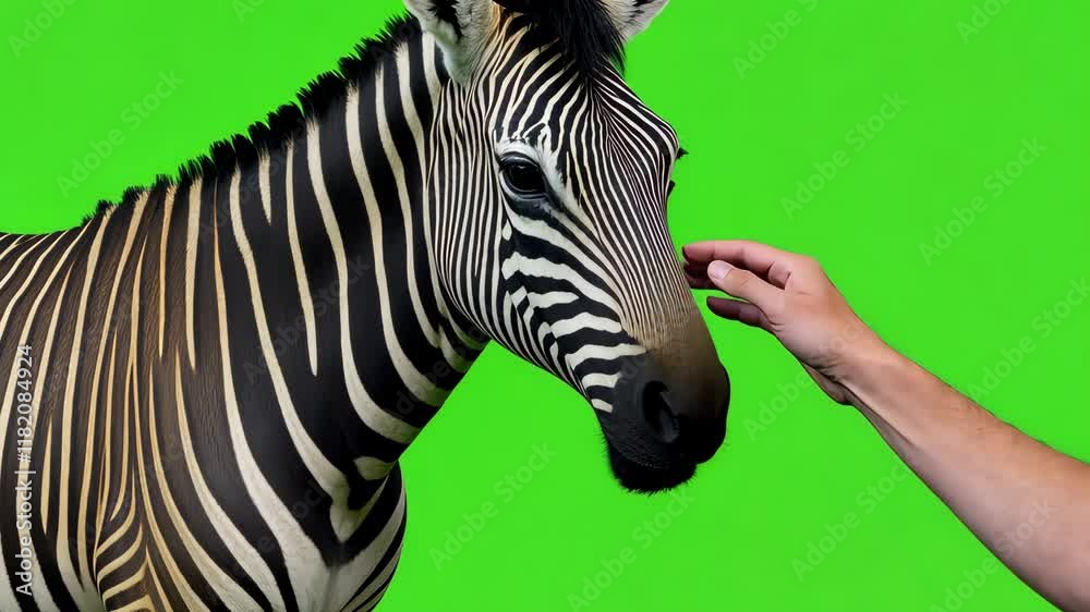 Zebra Encounter: A gentle hand reaches out to touch the nose of a curious zebra, creating a moment of connection and wonder. The zebra's stripes stand out against the green background.
