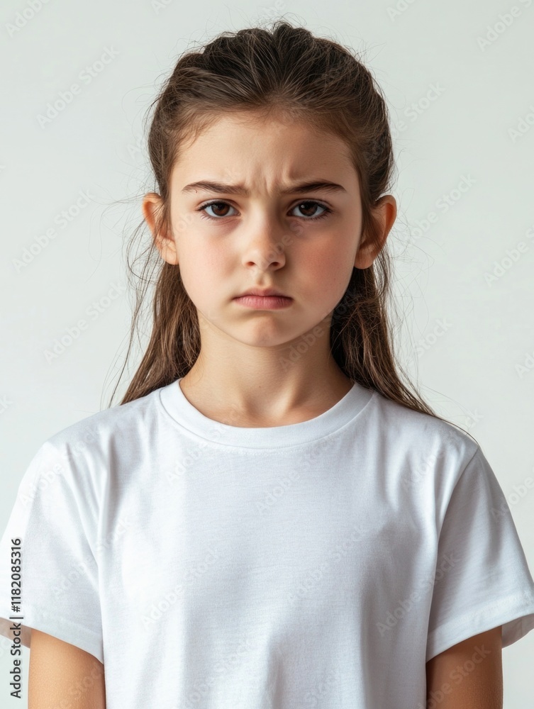 Nine-year-old girl with serious expression wearing a light white T-shirt against neutral backdrop conveying thoughtfulness and emotion Nine-year-old girl with serious expression wearing a light white T-shirt against neutral backdrop conveying thoughtfulness and emotion