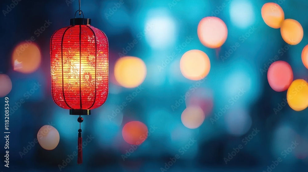 Glowing Red Lantern Against a Clear Blue Background with Bokeh Lights Glowing Red Lantern Against a Clear Blue Background with Bokeh Lights