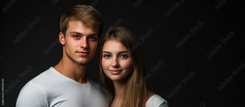 Obraz premium young couple embracing on black background with natural lighting soft focus warm tones portrait of man and woman wearing white shirts