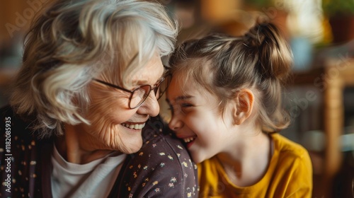 Grandmother and Granddaughter Hugging Close Up Happy Family Moment Generational Love Portrait Smiling Senior Woman Child Connection Tenderness Affection Sweet Scene