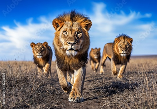 Lions walking through the african savannah, steppe, desert, a pride of lions, sunny day, blue sky, white clouds, stock photography