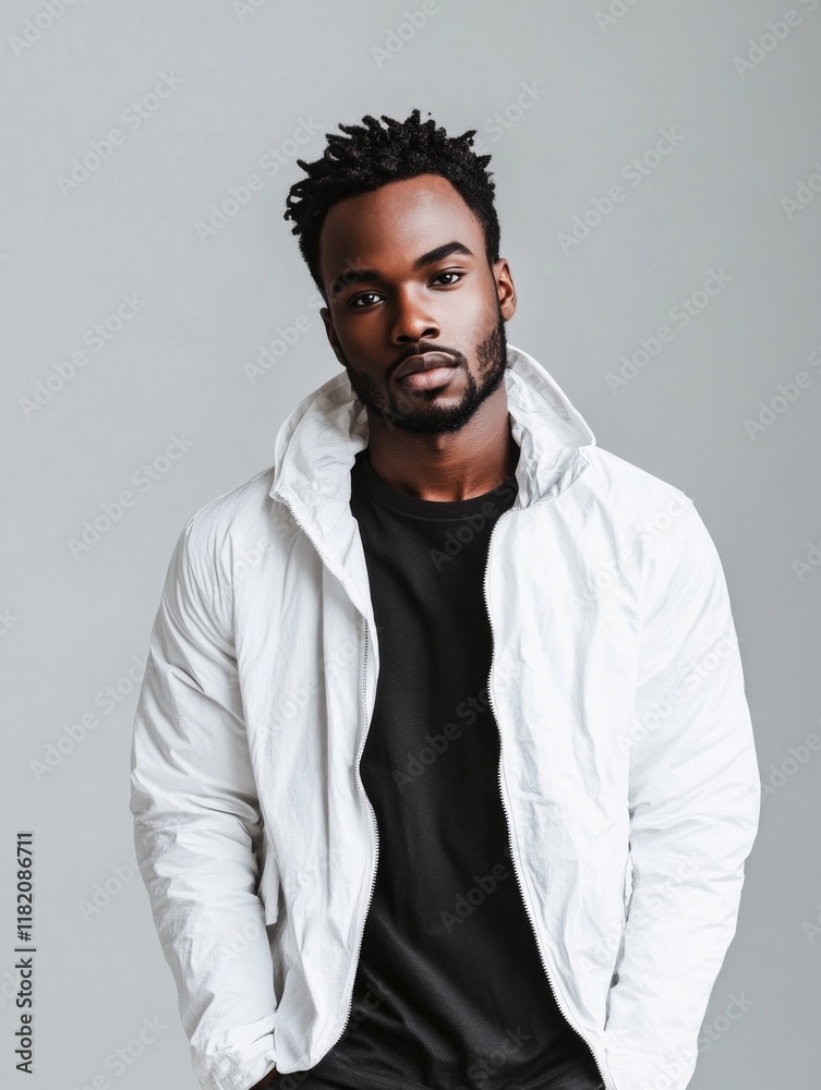 Fototapeta premium handsome African man wearing a white jacket against a soft gray background standing with a confident expression, captured in a mid-shot portrait orientation
