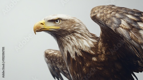 Majestic eagle profile showcasing powerful presence on neutral background wildlife nature photography with detailed feather texture in close-up view for print poster design highlighting fierce gaze photo