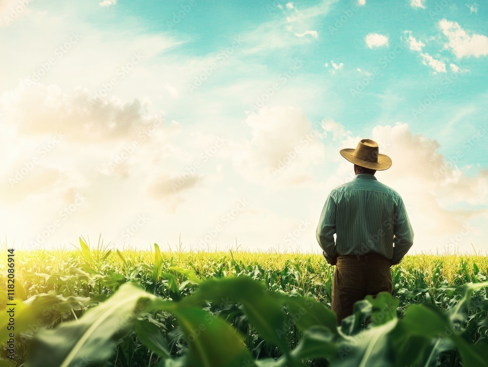 Farmer in straw hat inspecting corn cob in green cornfield under blue sky with fluffy clouds during golden hour, focus on agricultural growth and rural life.