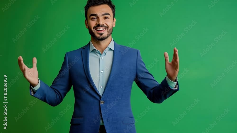 A man in a blue suit is smiling and pointing to the sky A man in a blue suit is smiling and pointing to the sky