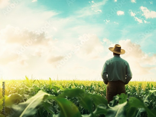 Obraz na płótnie Farmer in straw hat inspecting corn cob in green cornfield under blue sky with fluffy clouds during golden hour, focus on agricultural growth and rural life. w salonie