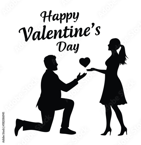 Happy valentine's day couple proposing vector silhouette