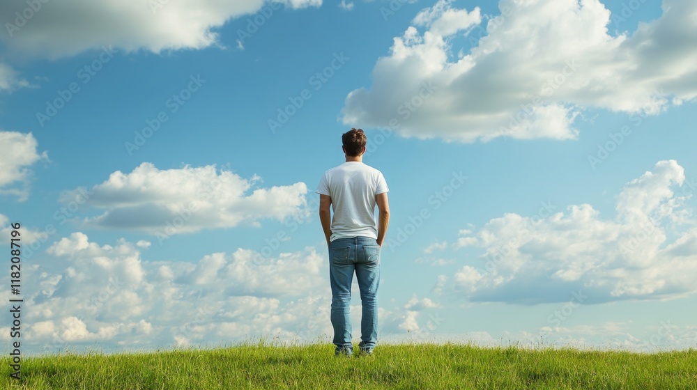 Contemplative man in casual attire standing on lush green meadow under bright blue sky with fluffy white clouds in serene outdoor setting. Contemplative man in casual attire standing on lush green meadow under bright blue sky with fluffy white clouds in serene outdoor setting.